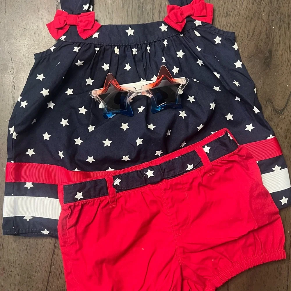 Gymboree Navy Star Print Top with Red Shorts & Star Sunglasses